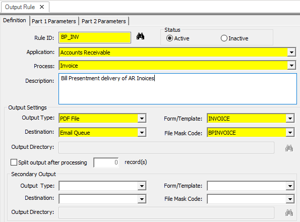 Output Rule form showing Rule ID, Application, Process, Description, and Output Settings fields